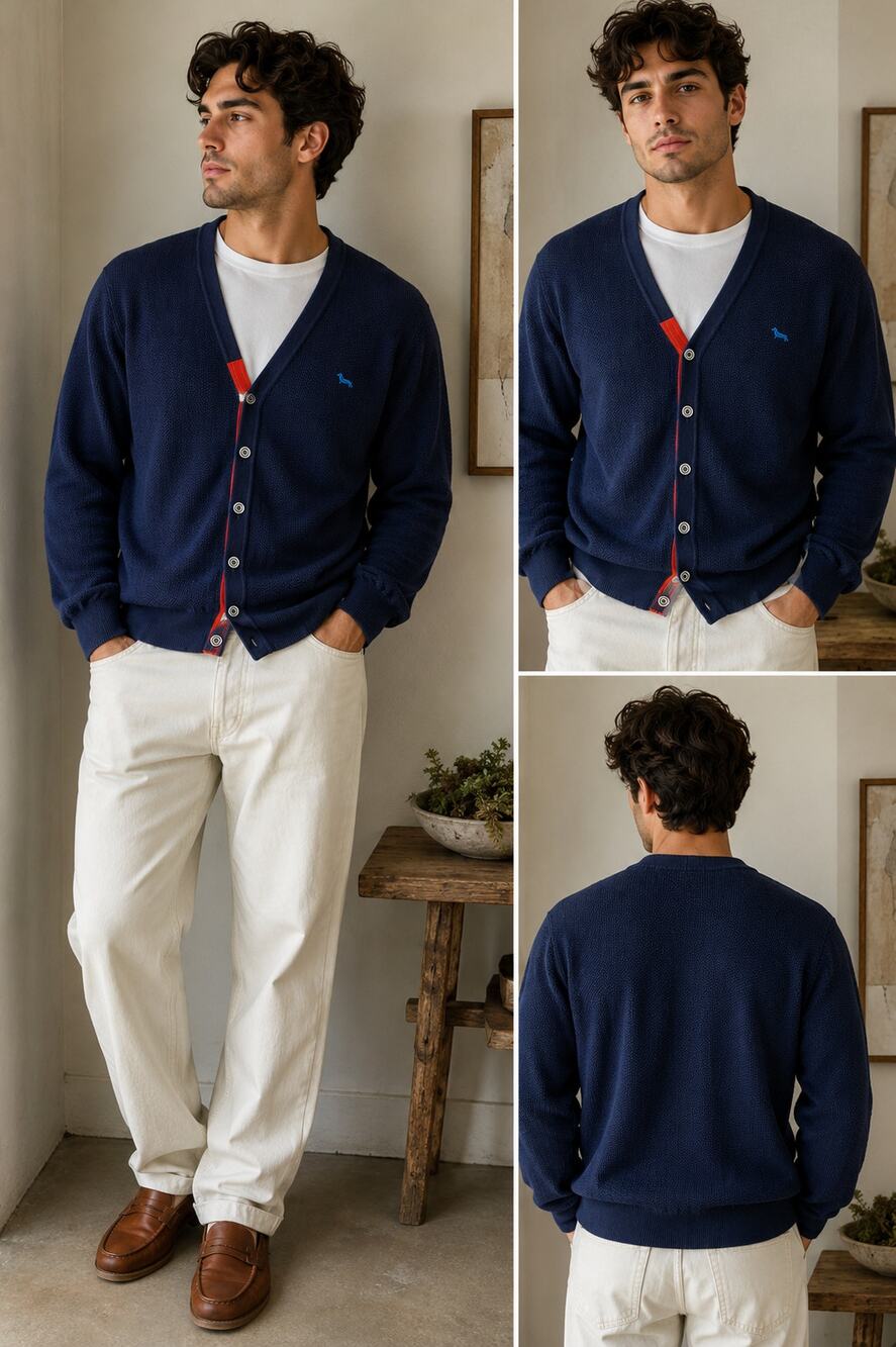 Harmont & Blaine Made in Italy Navy Cotton Knit Cardigan Sweater Dachshund